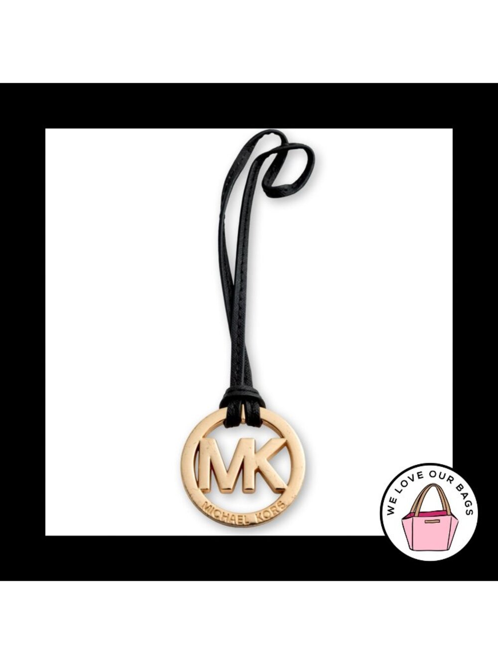 MICHAEL KORS Gold Brass Black Leather Loop Strap Bag Charm Hang Tag Keychain Fob